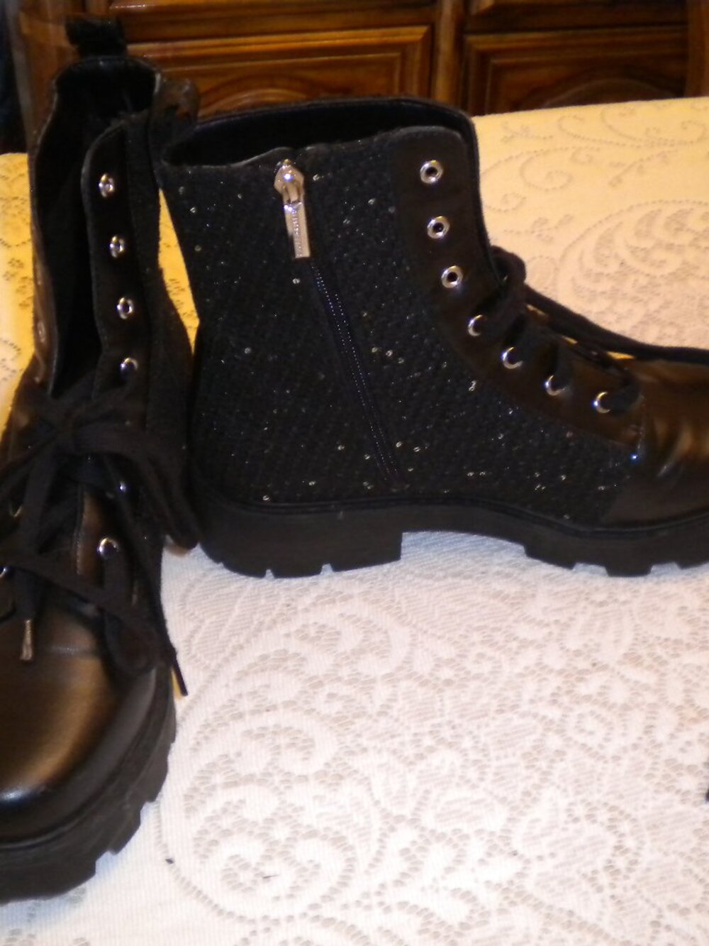 Karl Lagerfeld Paris Marlee Black Sequin Fabric Lug Sole Combat Boots